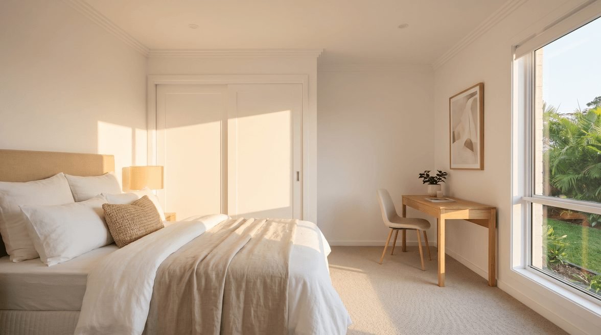 Bedroom with a built-in robe and garden view