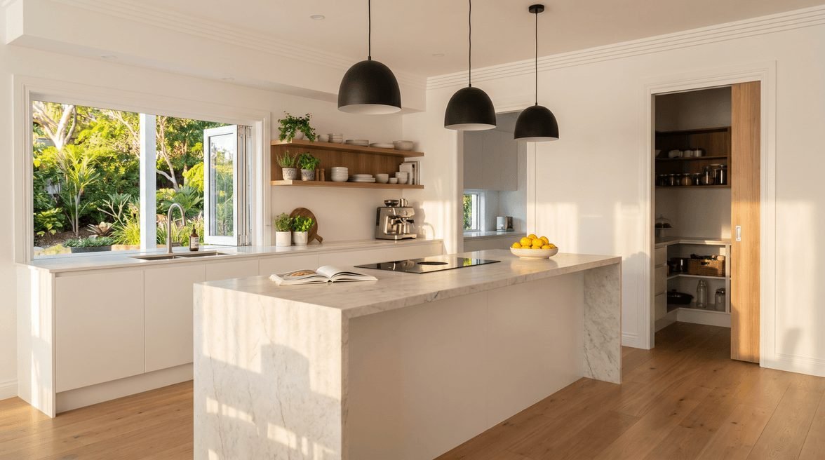 Kitchen with a marble island and walk-in pantry