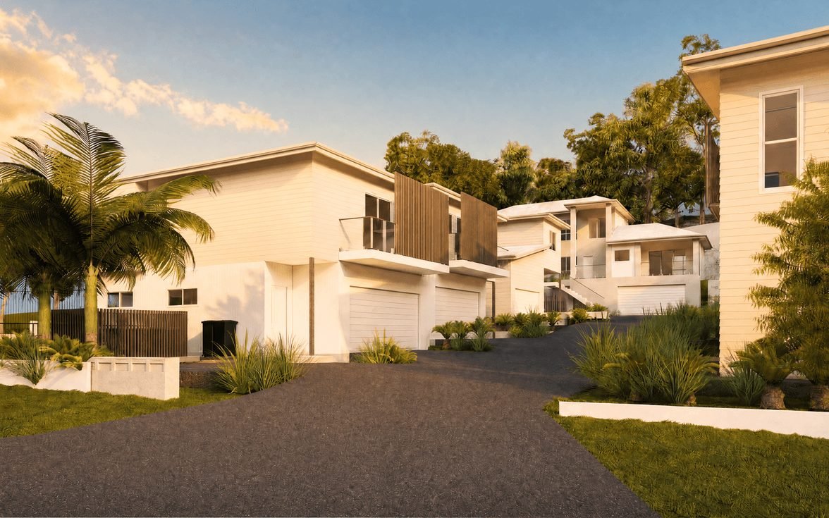 The seven Pinnacle Way townhouses from the shared driveway, Pimpama